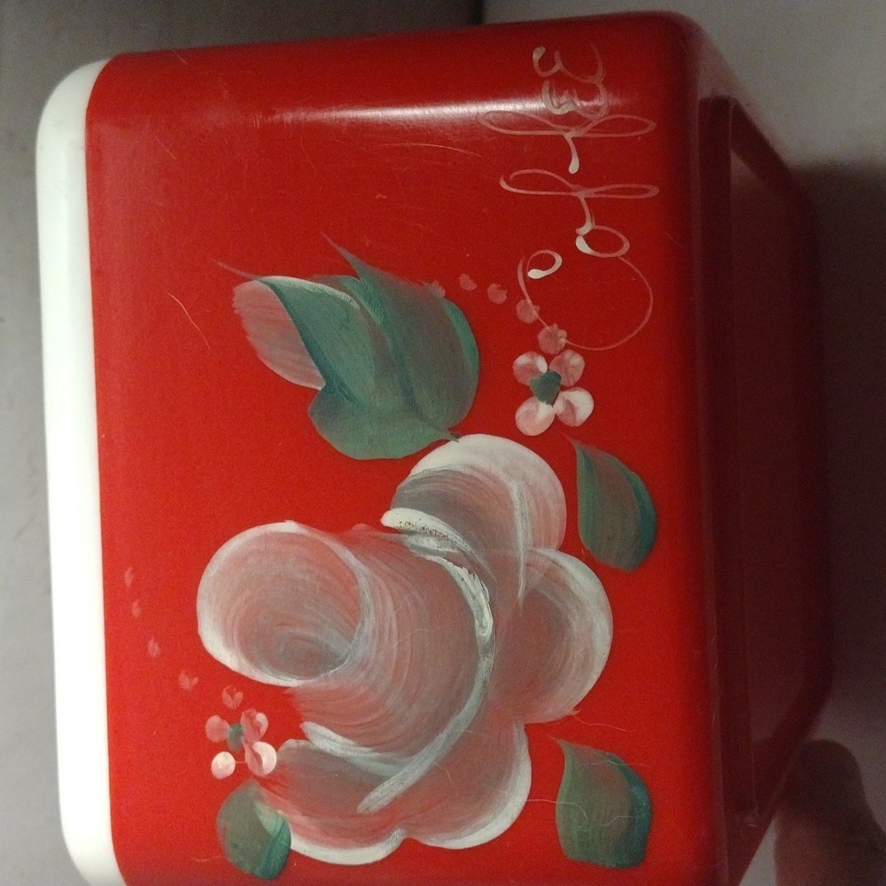 1950s 60s Beacon Red Coffee Canister Hand painted Rose